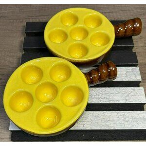 Vintage French Escargot Dishes Pair Modele Depose Rustic Yellow Brown Stoneware